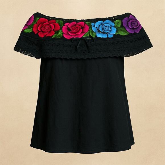 Boho Floral Embroidered Off Shoulder Peasant Top Black Crochet Festival Blouse M - Picture 1 of 10